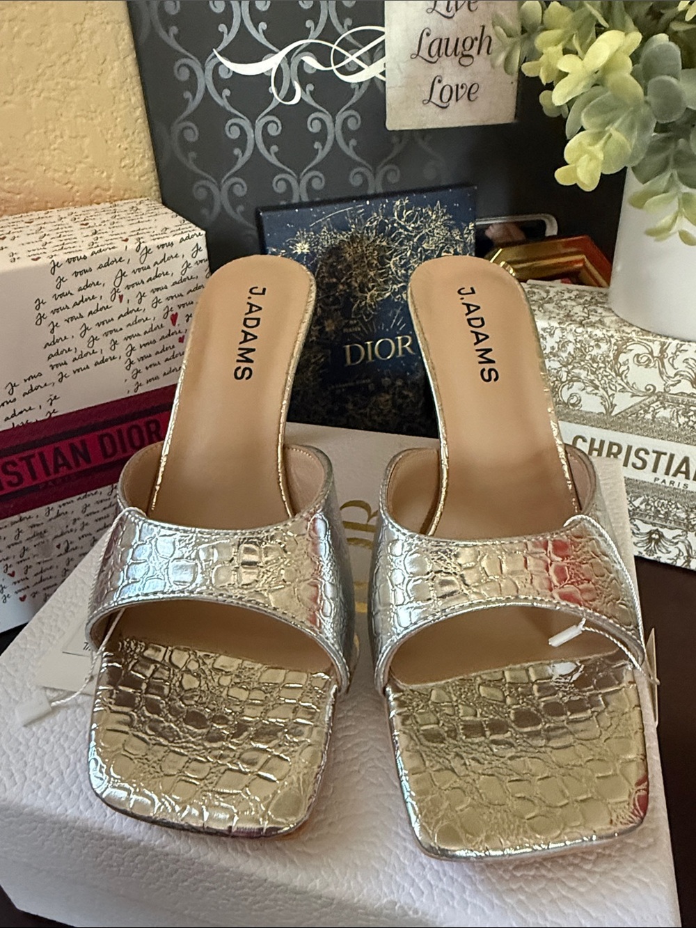 J. Adams Gold Croc Embossed Slide Mule Heels Size 7 NIB
